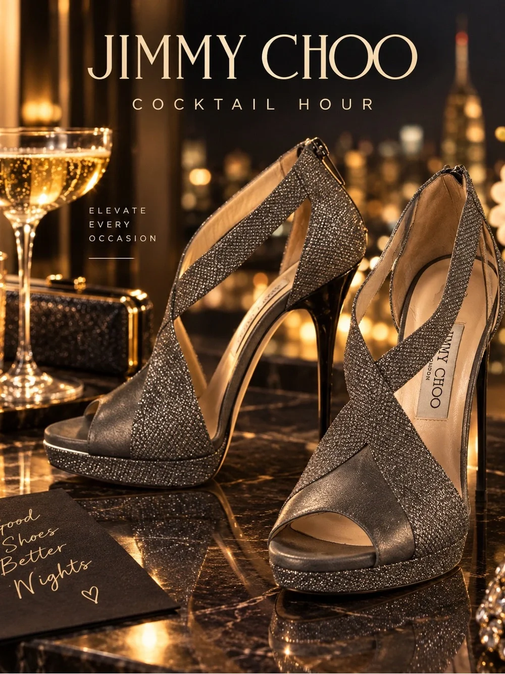 Jimmy Choo Glitter Cross-Strap Platform Heels in Gunmetal Sparkle